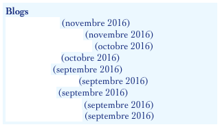Blogs
Lecteurs.com (novembre 2016)
Encres vagabondes (novembre 2016)
Librairie Vaux Livres (octobre 2016)
Bailly lecture (octobre 2016)
Je me livre (septembre 2016)
Librairie Eyrolles (septembre 2016)
Écrire et lire (septembre 2016)
Place des Libraires (septembre 2016)
Librairie Le Failler (septembre 2016)